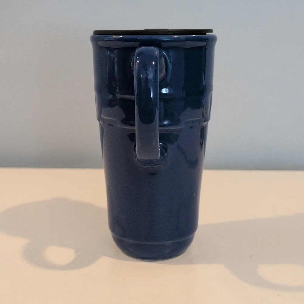 Longaberger Ceramic Woven Traditions Cornflower Blue Travel Mug With Lid - Picture 2 of 16